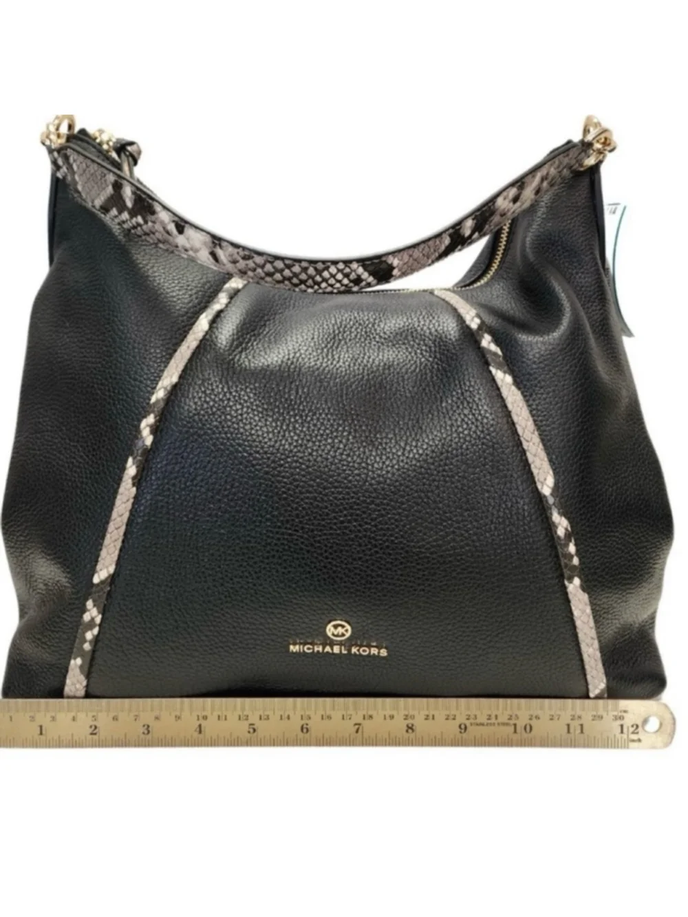 MICHAEL KORS COUTURE BLACK PEBBLE LEATHER WITH SNAKE PRINT HOBO BAG & WALLET EUC